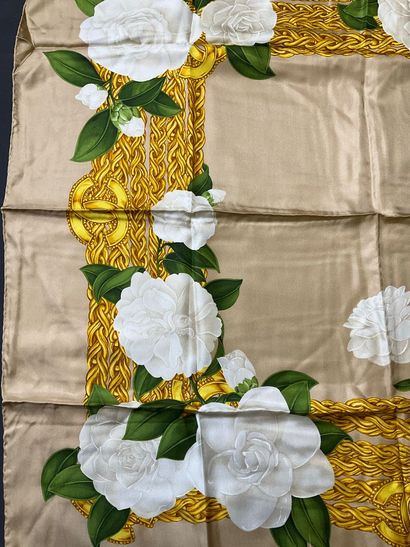 Beige Chanel scarf with white flowers and...
