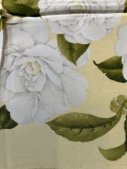Chanel silk square, light yellow with camellia...
