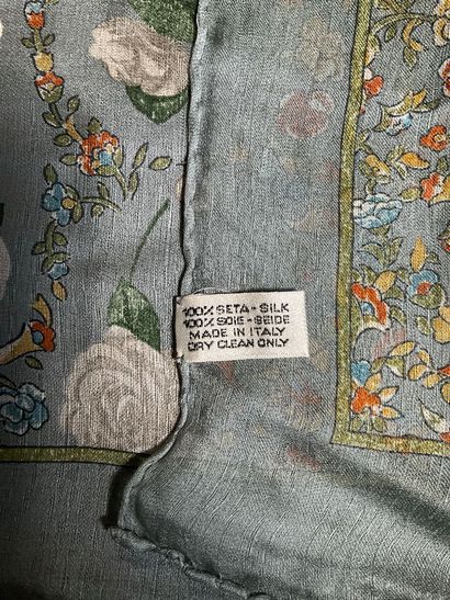 Chanel silk scarf, blue-gray with white flowers...