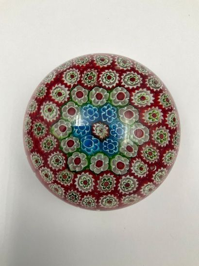 3 crystal sulfides with millefiori decoration,...