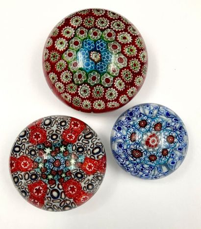 3 crystal sulfides with millefiori decoration,...