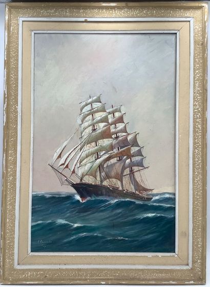 Huile sur panneau, Clipper à trois mâts toutes...