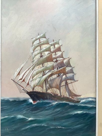 Huile sur panneau, Clipper à trois mâts toutes...