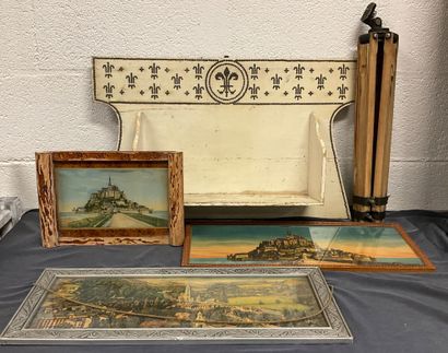 Lot d’encadrements décoratifs, d’un trépied...