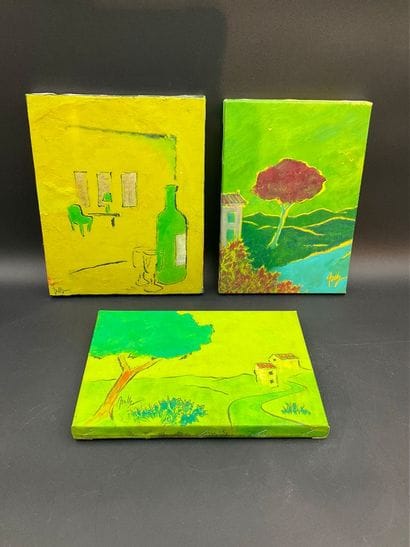 Trois petites acryliques sur toile, style...