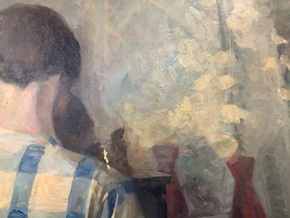 Grande huile sur toile «jeune fille devant...