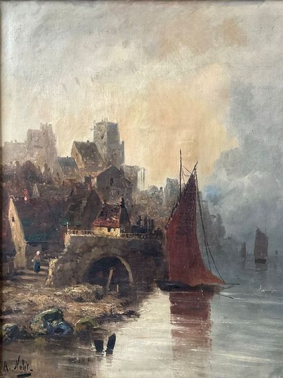 Albert NOLET, Huile sur toile, bord de fleuve...