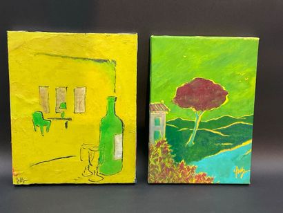 Trois petites acryliques sur toile, style...
