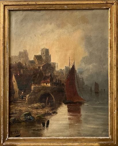 Albert NOLET, Huile sur toile, bord de fleuve...