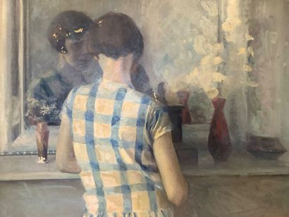 Grande huile sur toile «jeune fille devant...