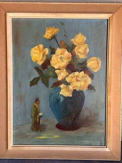 Une huile sur toile, nature morte, bouquet...
