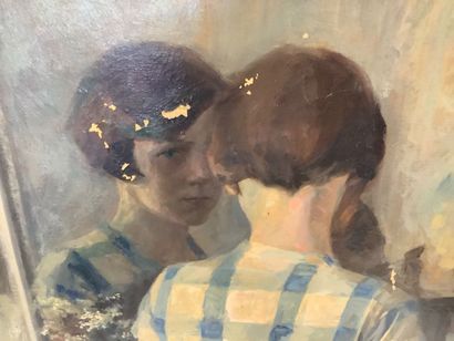 Grande huile sur toile «jeune fille devant...