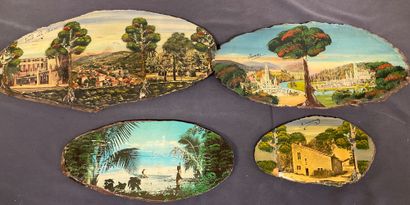 Marouflage et peinture sur bois, 19 panneaux...