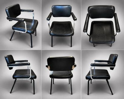 Fauteuil vintage en simili cuir noir, accoudoir...