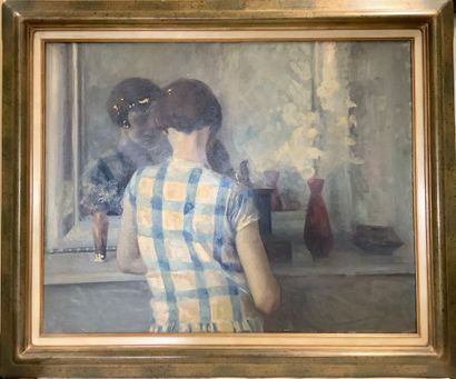 Grande huile sur toile «jeune fille devant...