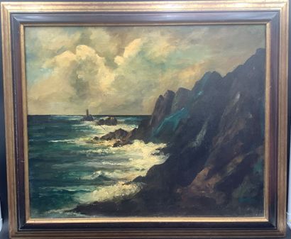 Marine, Huile sur toile d’une côte rocheuse....
