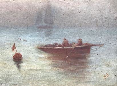 Huile sur carton «retour de pêche» début...