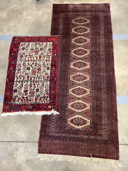 2 rugs: a handwoven wool Bukhara-style hallway...