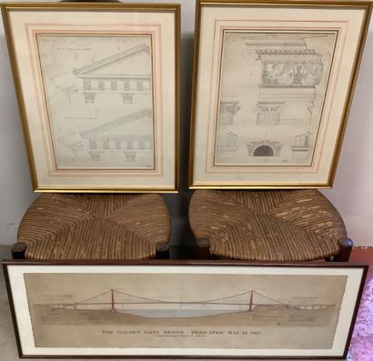 3 framed lithographs, 2 architectural renderings...