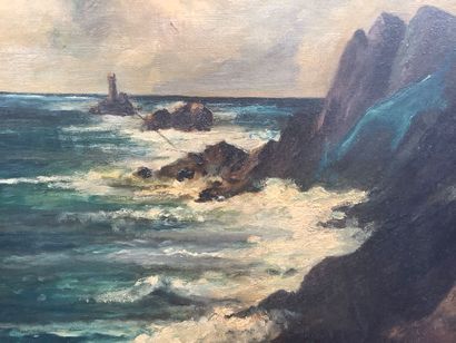 Marine, Huile sur toile d’une côte rocheuse....