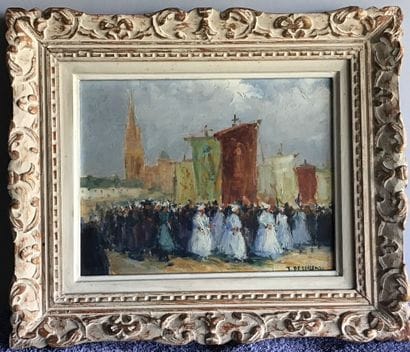 Huile sur bois “ le pardon du Folgoët “ signé...