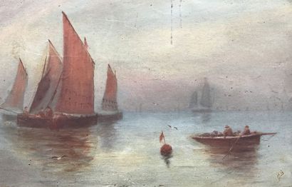 Huile sur carton «retour de pêche» début...