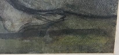 Léda et le cygne, pastels et fusain. Signature...