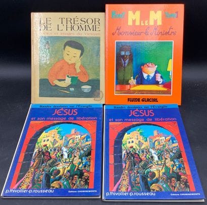 Regroupement d’un livre et de 3 Bandes dessinées.
-...