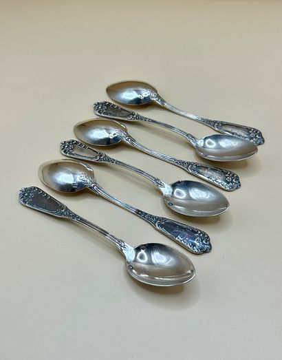 Suite of six silver spoons (950/1000) with...
