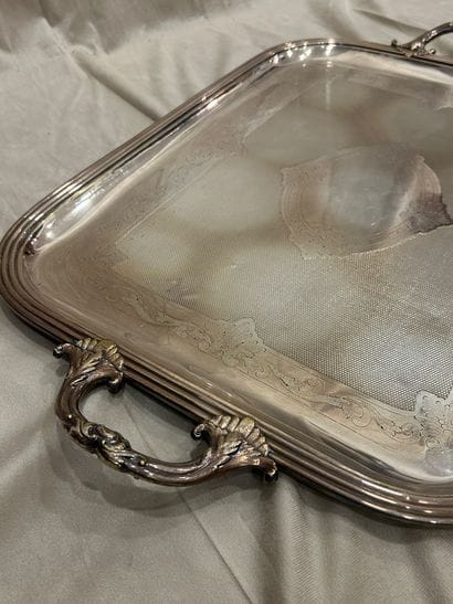 Large Ruolz silver-plated tray with two leafy...