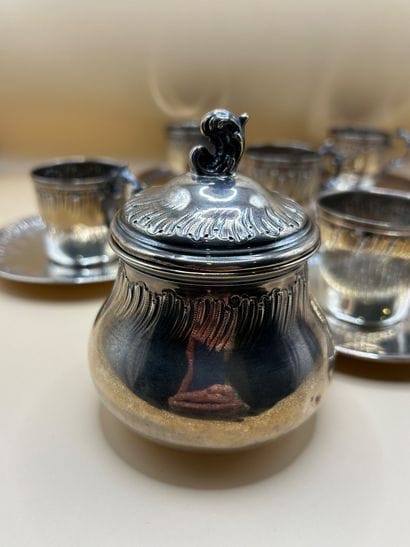 Set of six cups, six saucers, a milk jug...