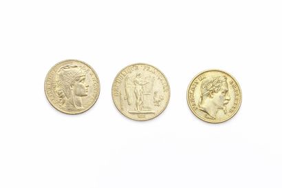 Suite of three 20 franc gold coins with genius,...
