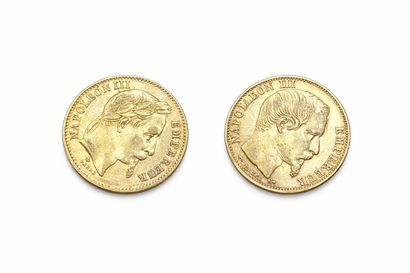 Suite of two 20 franc gold coins, Napoléon...