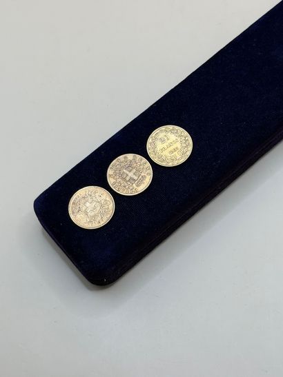 Suite of three 20 franc and 20 lire coins,...