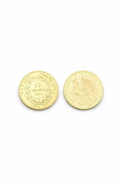 Suite of two 10 franc gold coins with rooster...