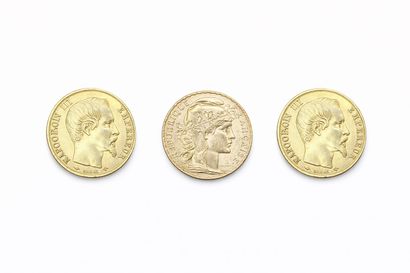 Suite of three 20 franc gold coins with rooster...
