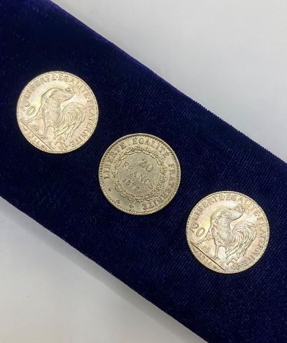 Suite of three 20 franc gold coins with rooster...