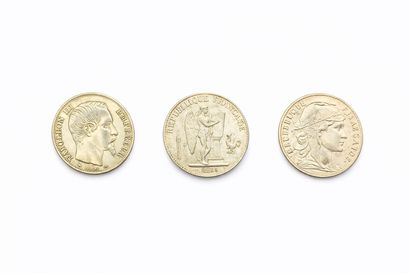 Suite of three 20 franc gold coins with rooster,...