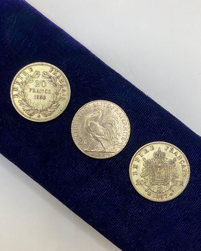 Suite of three 20 franc gold coins with rooster,...