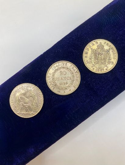 Suite of three 20 franc gold coins with genius,...