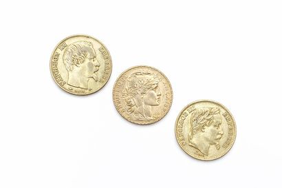 Suite of three 20 franc gold coins with rooster,...