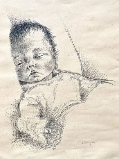 Ib Spang OLSEN (1921-2012)
Bébé endormi 
Crayon...