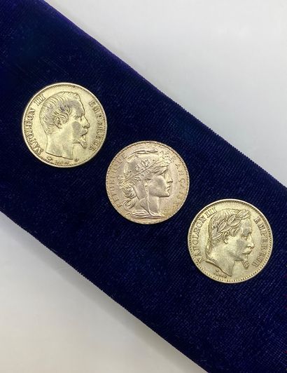 Suite of three 20 franc gold coins with rooster,...