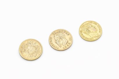 Suite of three 20 franc and 20 lire coins,...