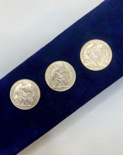 Suite of three 20 franc gold coins with the...