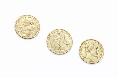 Suite of three 20 franc gold coins with rooster...