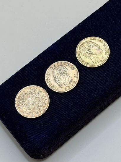 Suite of three 20 franc and 20 lire coins,...