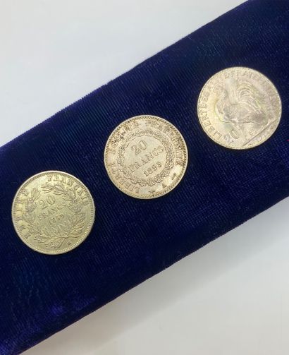 Suite of three 20 franc gold coins with rooster,...
