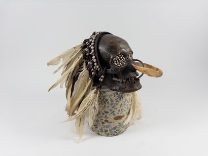 Asmat. 
Trophy skull inlaid with seeds in...