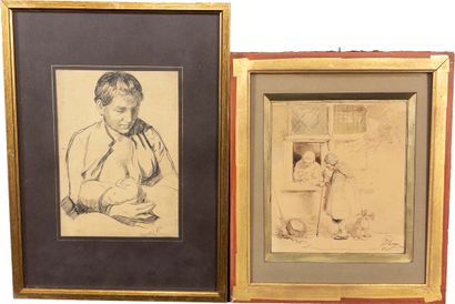 Ecole belge. 
Lot de deux dessins. L'allaitement...